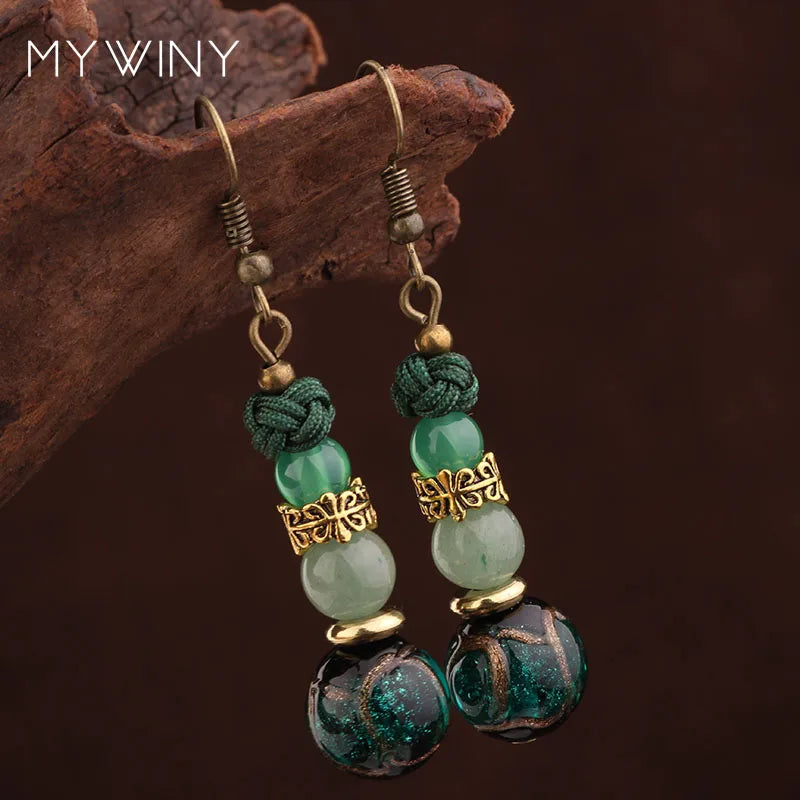 star handmade glass glazed vintage copper earrings ,New Original Aventurine jewelry exotic earrings,