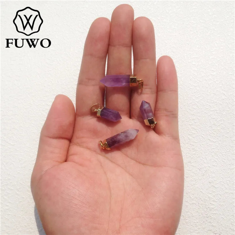 FUWO Wholesale Natural Amethysts Point Pendants,Bullet Shape Purple Crystal Accessories For Women DIY Jewelry Making 5Pcs PD117