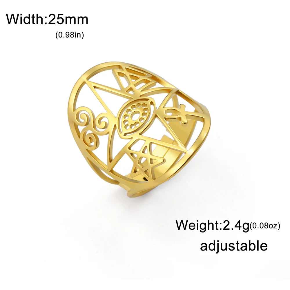 Dawapara Coexist Spiritual Symbols Adjustable Ring Good Luck Amulet Peace Unity Religious Dharma Wheel of Life Stainless Steel