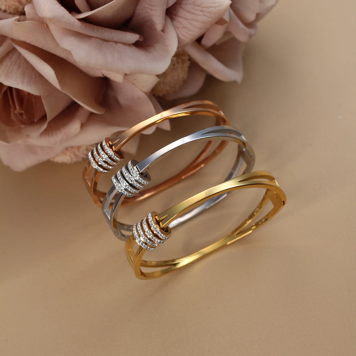 XB-133 New Stainless Steel Jewelry Crystal Bracelets Half Face Hollow Design Bangle For Women's Love Gifts Wholesale