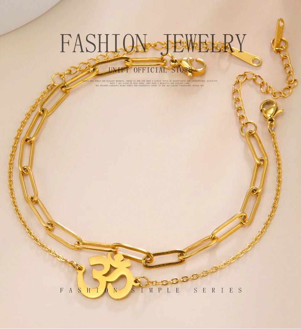 Unift Hindu Yoga Om Aum Bracelet for Women Double Chain Bracelets Bangles Buddhism Amulet Talisman Stainless Steel Jewelry Trend