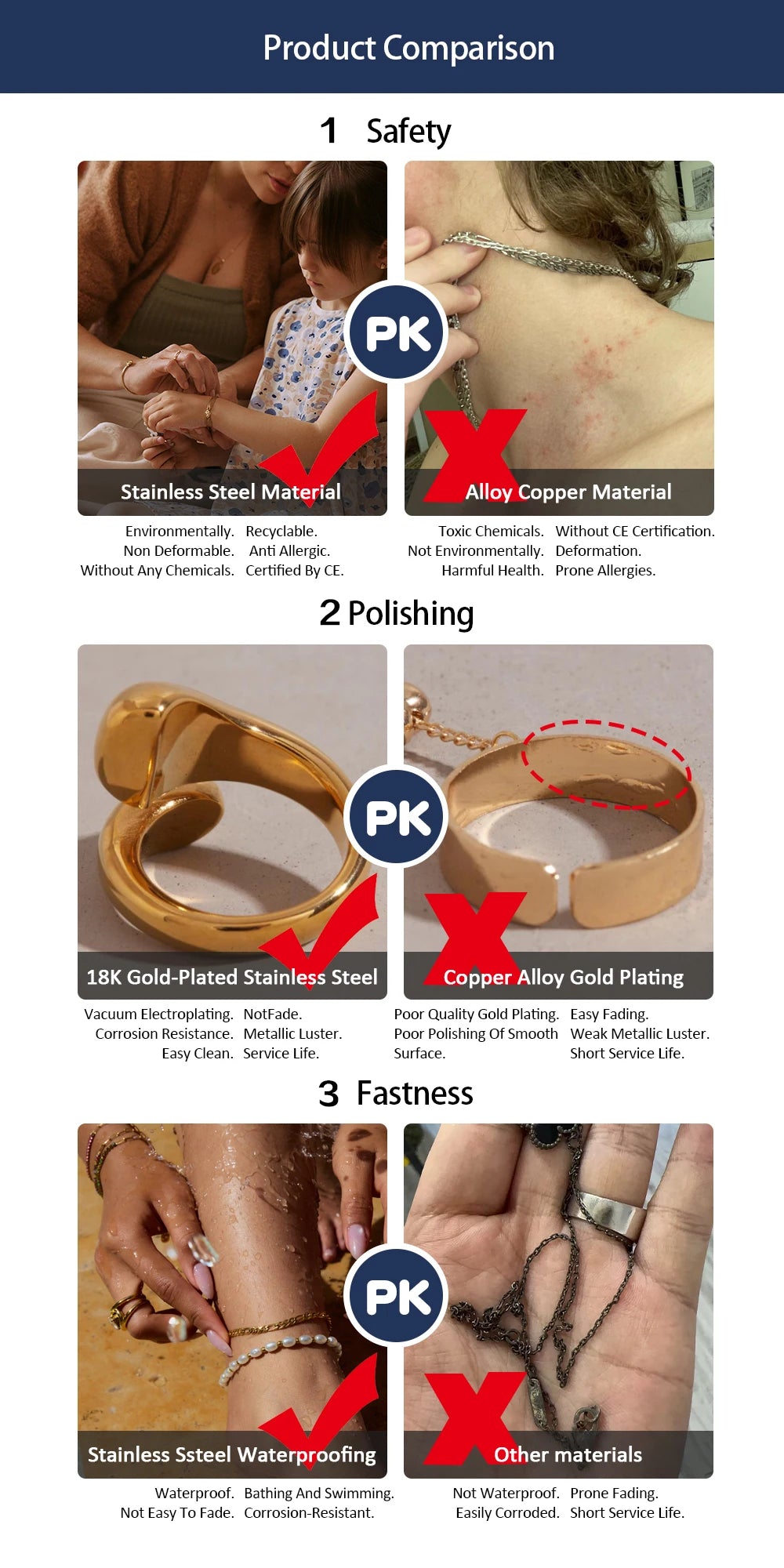 Uworld 18K Gold Color Plated Stainless Steel Reversing Needle Chain Men's Bracelet Stackable Chain Bracelet Neutral Jewelry