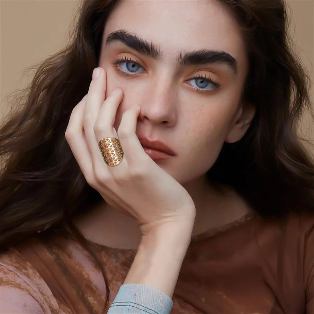 EUEAVAN Flower of Life Ring Stainless Steel Sacred Geometry Archangel Metatron Ring Adjustable Amulet Jewelry Gift Wholesale