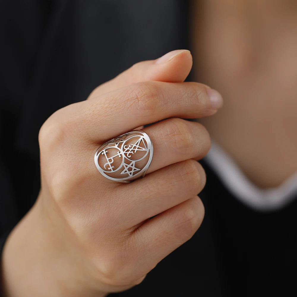 Dawapara Seal of Lilith Lucifer Sigil Adjustable Women Ring Stainless Steel Wedding Bands Moon Goddess Protection Amulet Jewelry