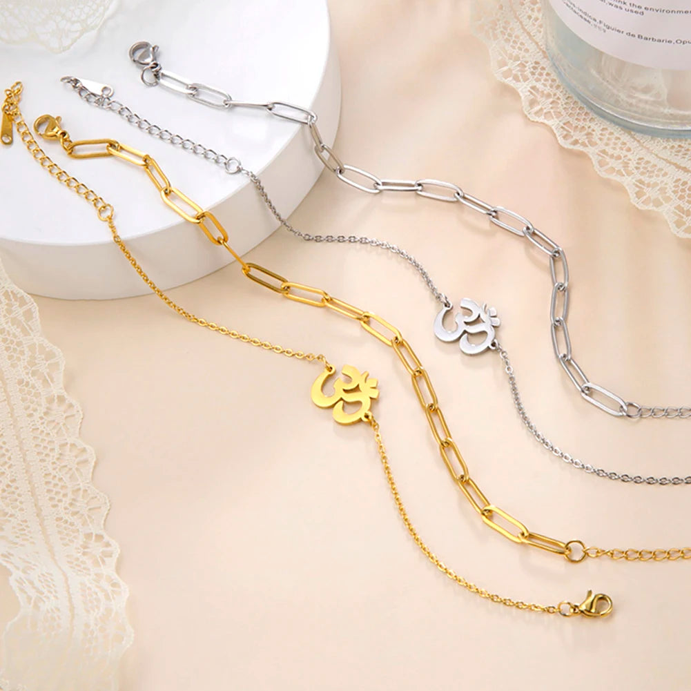 Unift Hindu Yoga Om Aum Bracelet for Women Double Chain Bracelets Bangles Buddhism Amulet Talisman Stainless Steel Jewelry Trend