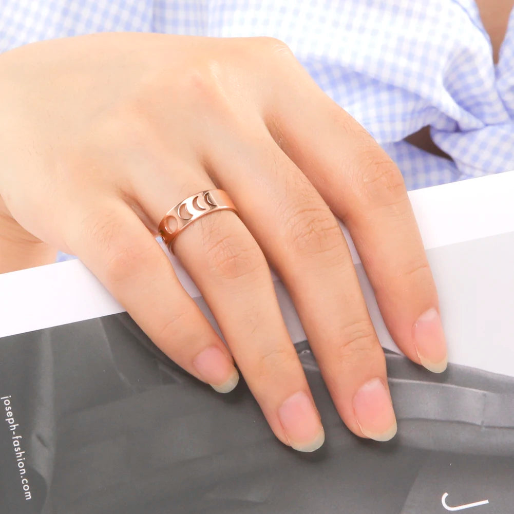 Dawapara Moon Phase Women Ring Lunar Goddess Crescent Moon Minimalist Jewelry Stainless Steel Wedding Band