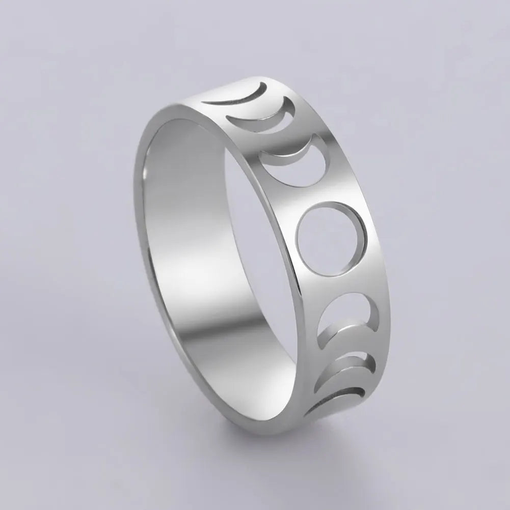 Dawapara Moon Phase Women Ring Lunar Goddess Crescent Moon Minimalist Jewelry Stainless Steel Wedding Band