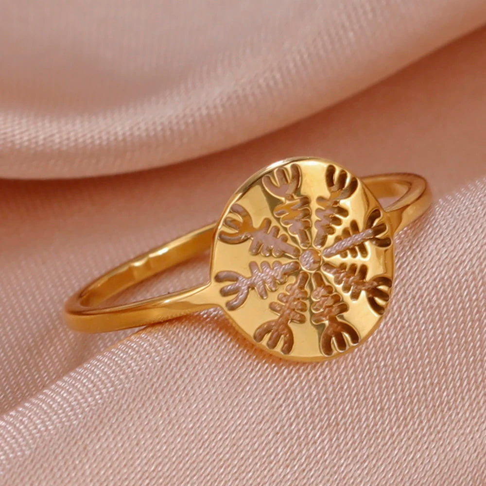 Dawapara Aegishjalmur The Helm of Awe Symbol Ring Viking Vegvisir Norse Compass Stainless Steel Cut Out Scandinavian Jewelry