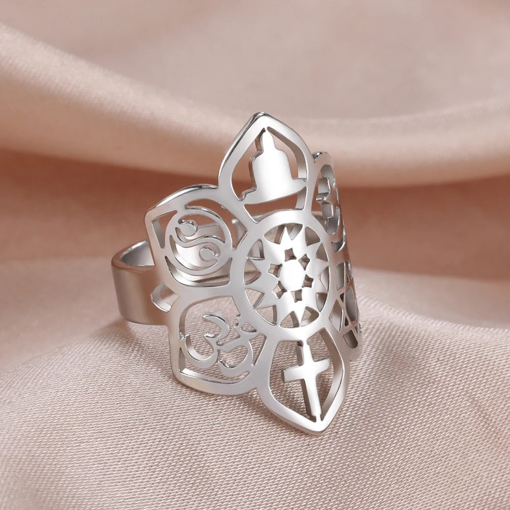 Dawapara Coexist Spiritual Symbols Adjustable Ring Good Luck Amulet Peace Unity Religious Dharma Wheel of Life Stainless Steel