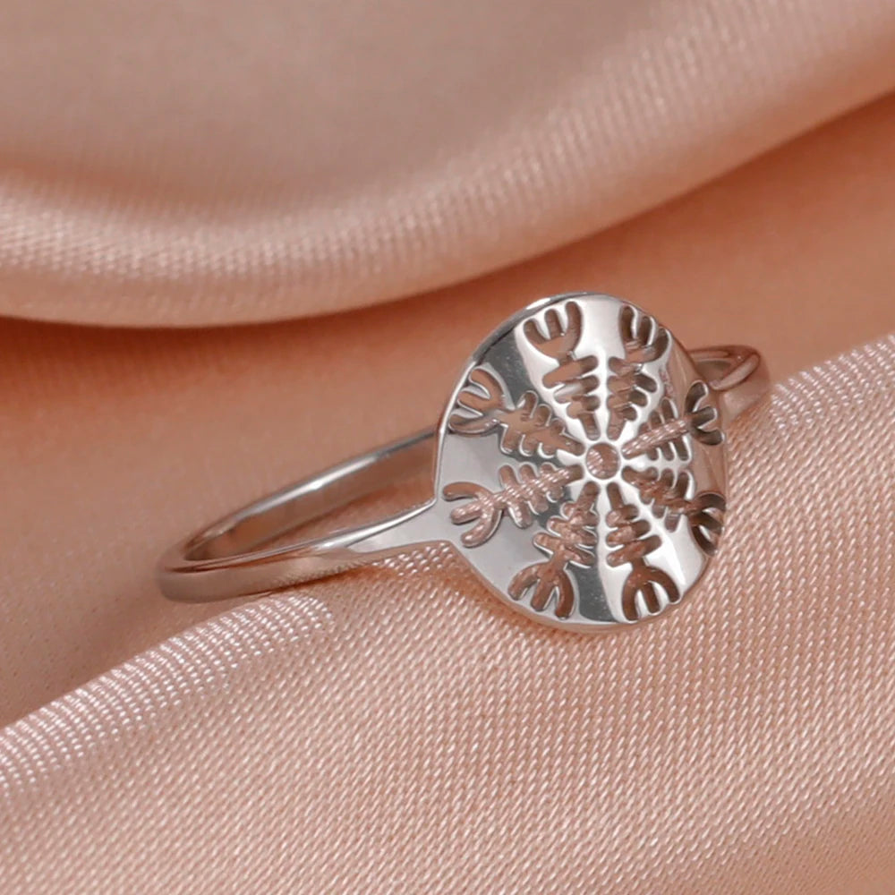 Dawapara Aegishjalmur The Helm of Awe Symbol Ring Viking Vegvisir Norse Compass Stainless Steel Cut Out Scandinavian Jewelry