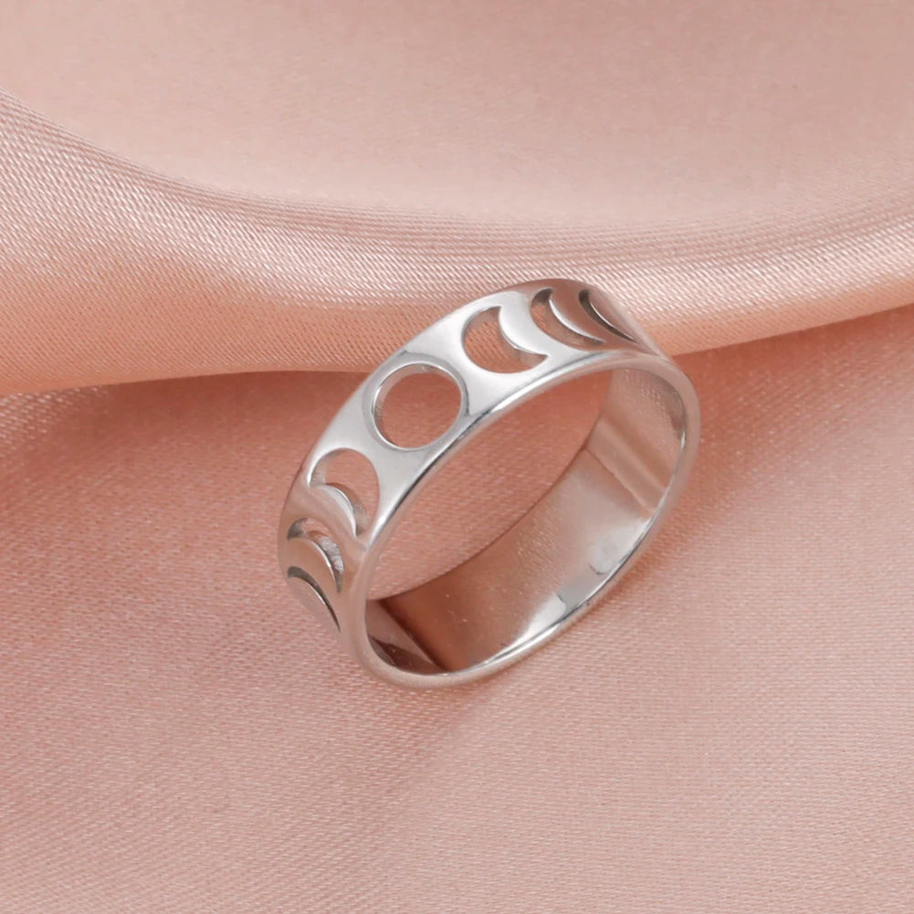 Dawapara Moon Phase Women Ring Lunar Goddess Crescent Moon Minimalist Jewelry Stainless Steel Wedding Band