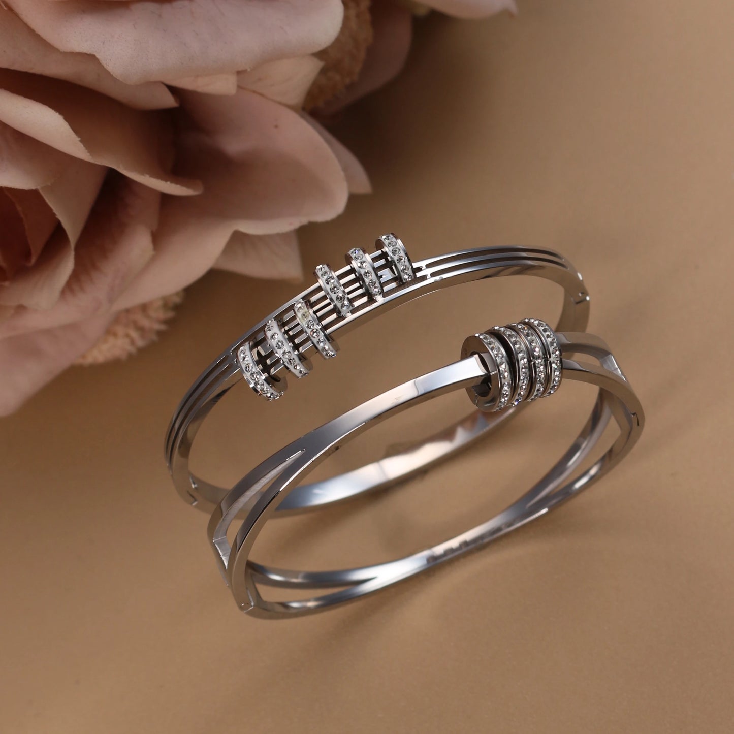 XB-133 New Stainless Steel Jewelry Crystal Bracelets Half Face Hollow Design Bangle For Women's Love Gifts Wholesale