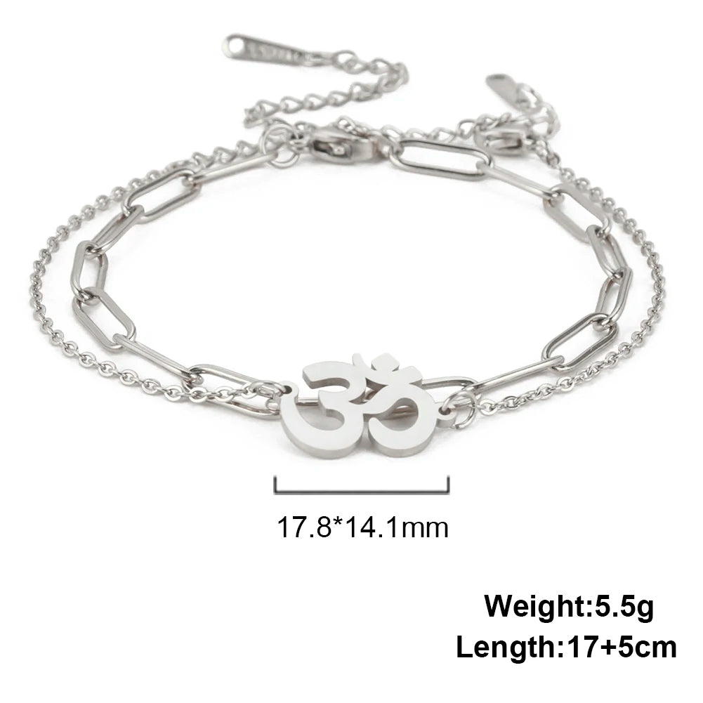 Unift Hindu Yoga Om Aum Bracelet for Women Double Chain Bracelets Bangles Buddhism Amulet Talisman Stainless Steel Jewelry Trend