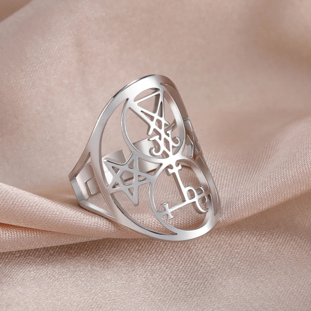 Dawapara Seal of Lilith Lucifer Sigil Adjustable Women Ring Stainless Steel Wedding Bands Moon Goddess Protection Amulet Jewelry