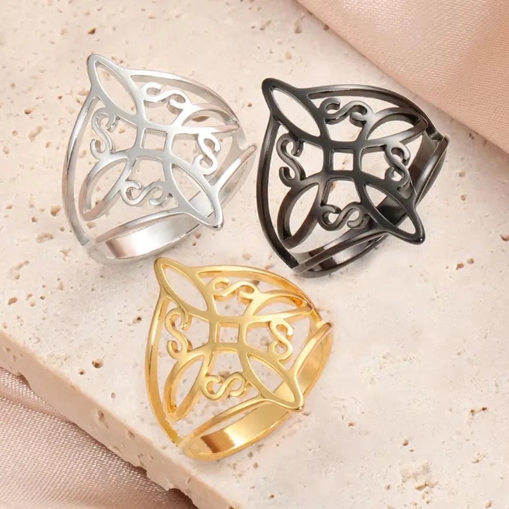 LIKGREAT Witch Knot Ring for Women Men Hollow Stainless Steel Finger Rings Celtic Vintage Amulet Protection Couple Jewelry Gifts