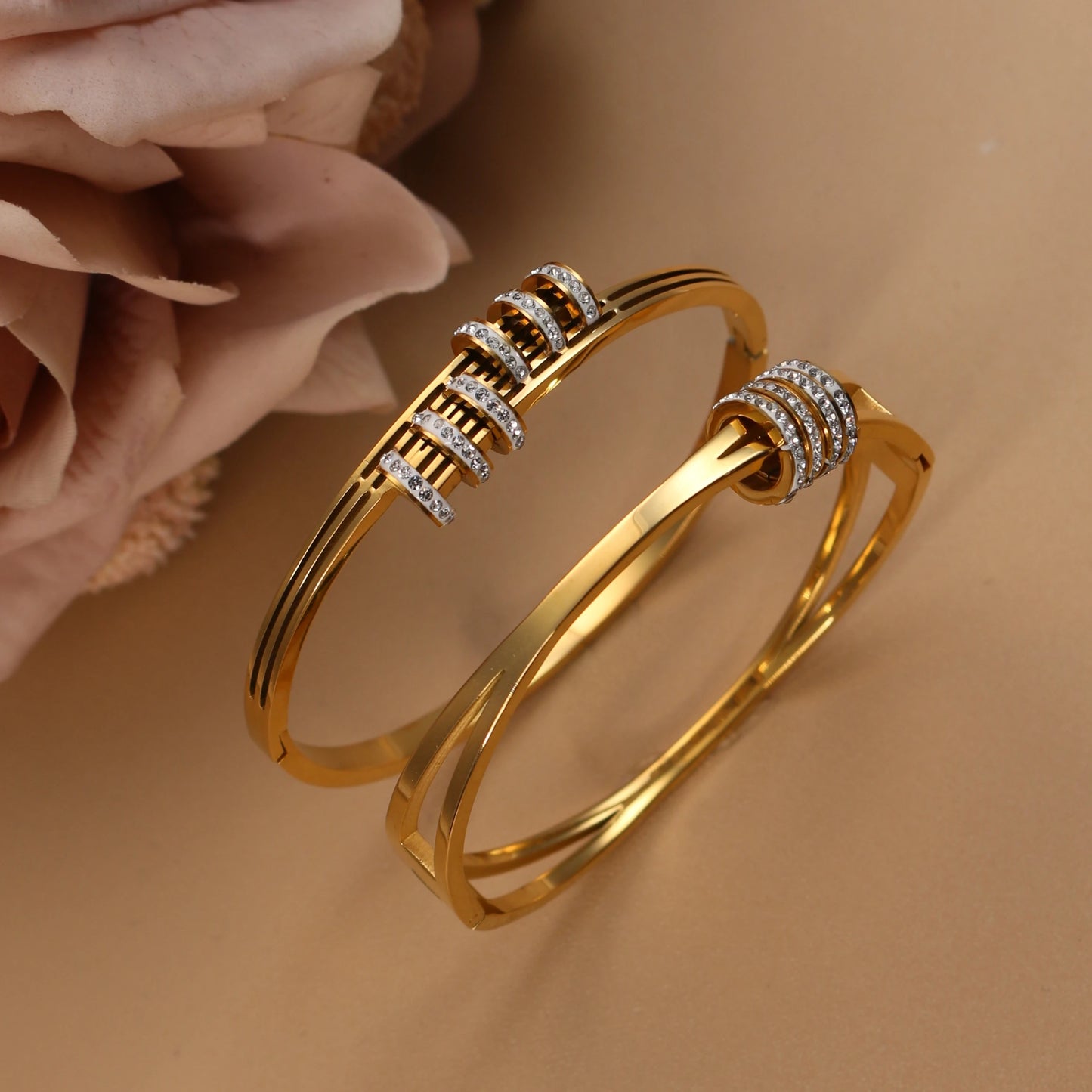 XB-133 New Stainless Steel Jewelry Crystal Bracelets Half Face Hollow Design Bangle For Women's Love Gifts Wholesale