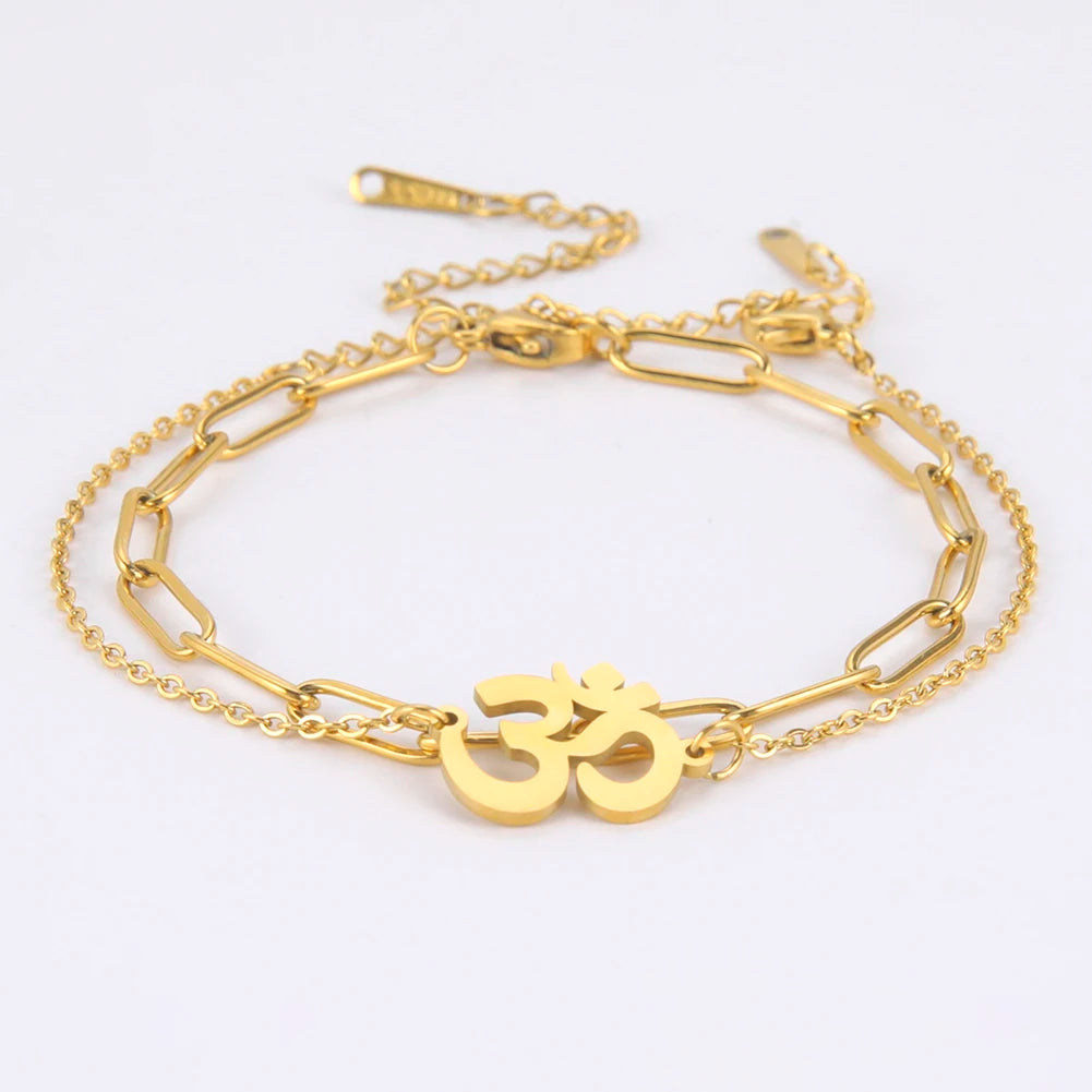 Unift Hindu Yoga Om Aum Bracelet for Women Double Chain Bracelets Bangles Buddhism Amulet Talisman Stainless Steel Jewelry Trend