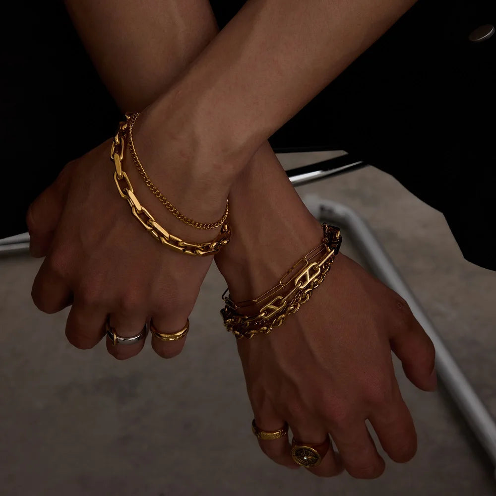 Uworld 18K Gold Color Plated Stainless Steel Reversing Needle Chain Men's Bracelet Stackable Chain Bracelet Neutral Jewelry