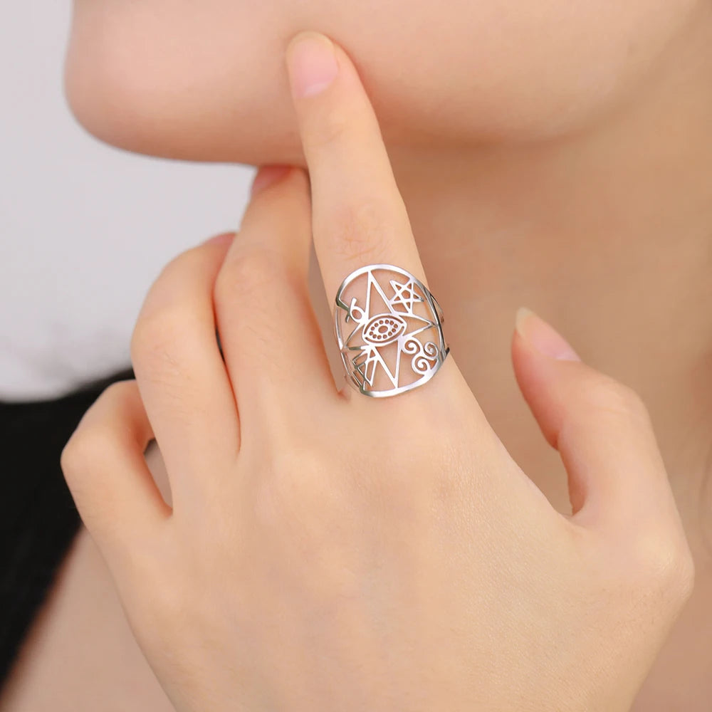 Dawapara Coexist Spiritual Symbols Adjustable Ring Good Luck Amulet Peace Unity Religious Dharma Wheel of Life Stainless Steel