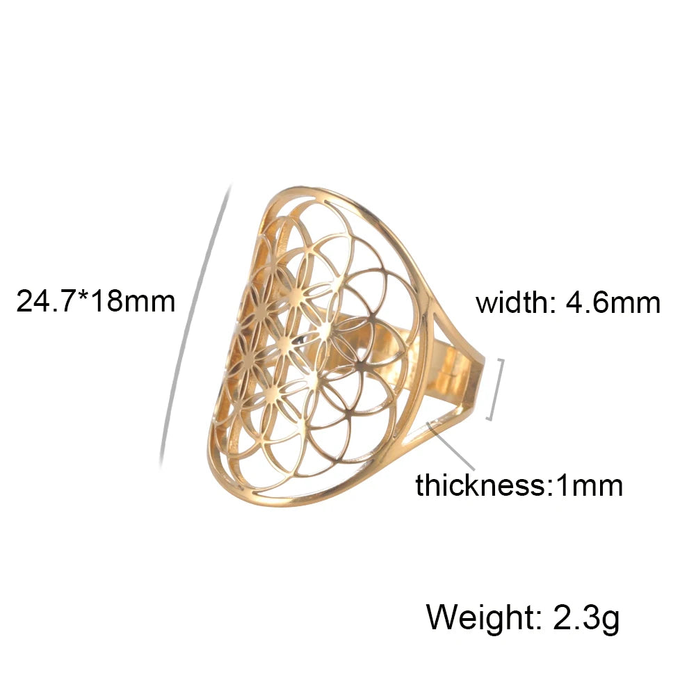 EUEAVAN Flower of Life Ring Stainless Steel Sacred Geometry Archangel Metatron Ring Adjustable Amulet Jewelry Gift Wholesale