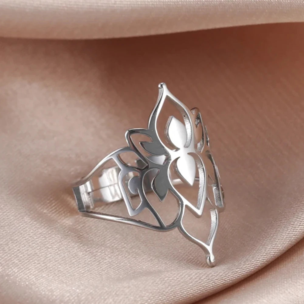 Dawapara Coexist Spiritual Symbols Adjustable Ring Good Luck Amulet Peace Unity Religious Dharma Wheel of Life Stainless Steel