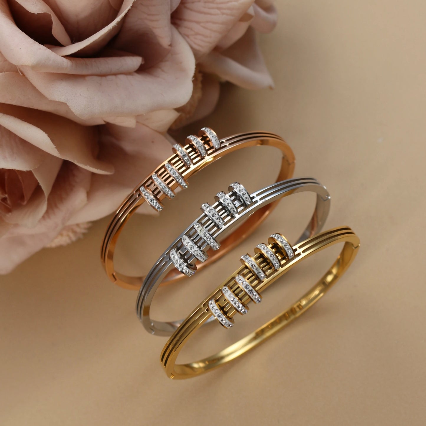 XB-133 New Stainless Steel Jewelry Crystal Bracelets Half Face Hollow Design Bangle For Women's Love Gifts Wholesale