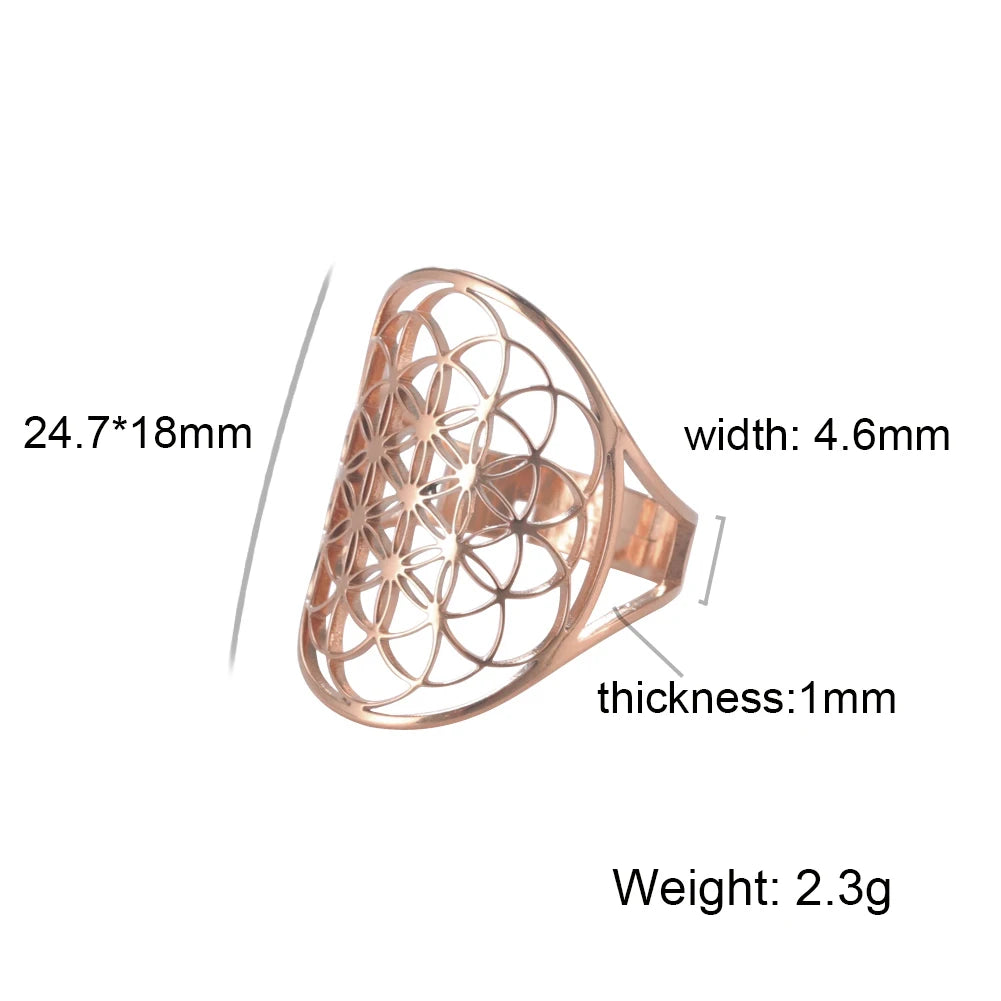 EUEAVAN Flower of Life Ring Stainless Steel Sacred Geometry Archangel Metatron Ring Adjustable Amulet Jewelry Gift Wholesale