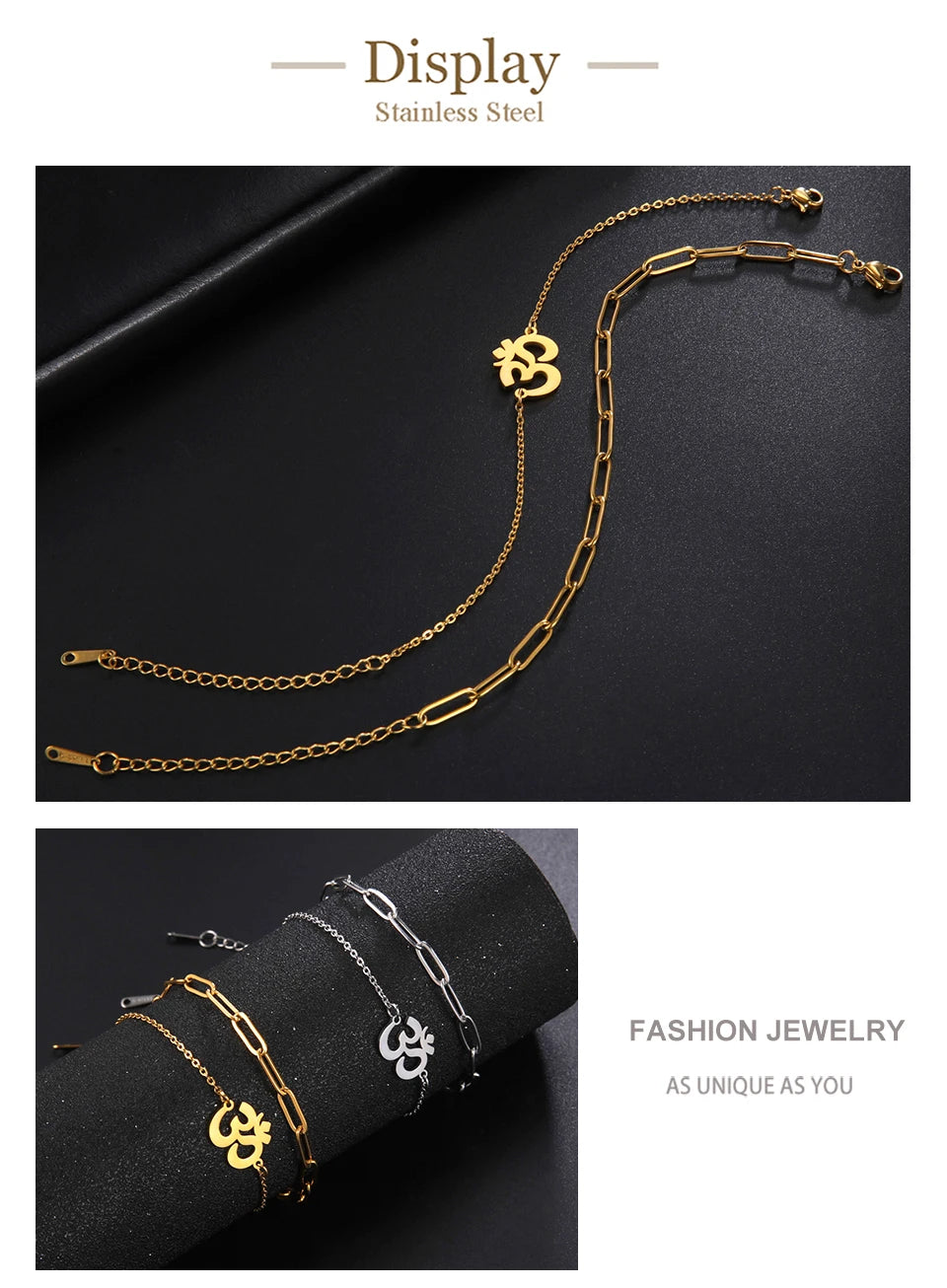 Unift Hindu Yoga Om Aum Bracelet for Women Double Chain Bracelets Bangles Buddhism Amulet Talisman Stainless Steel Jewelry Trend