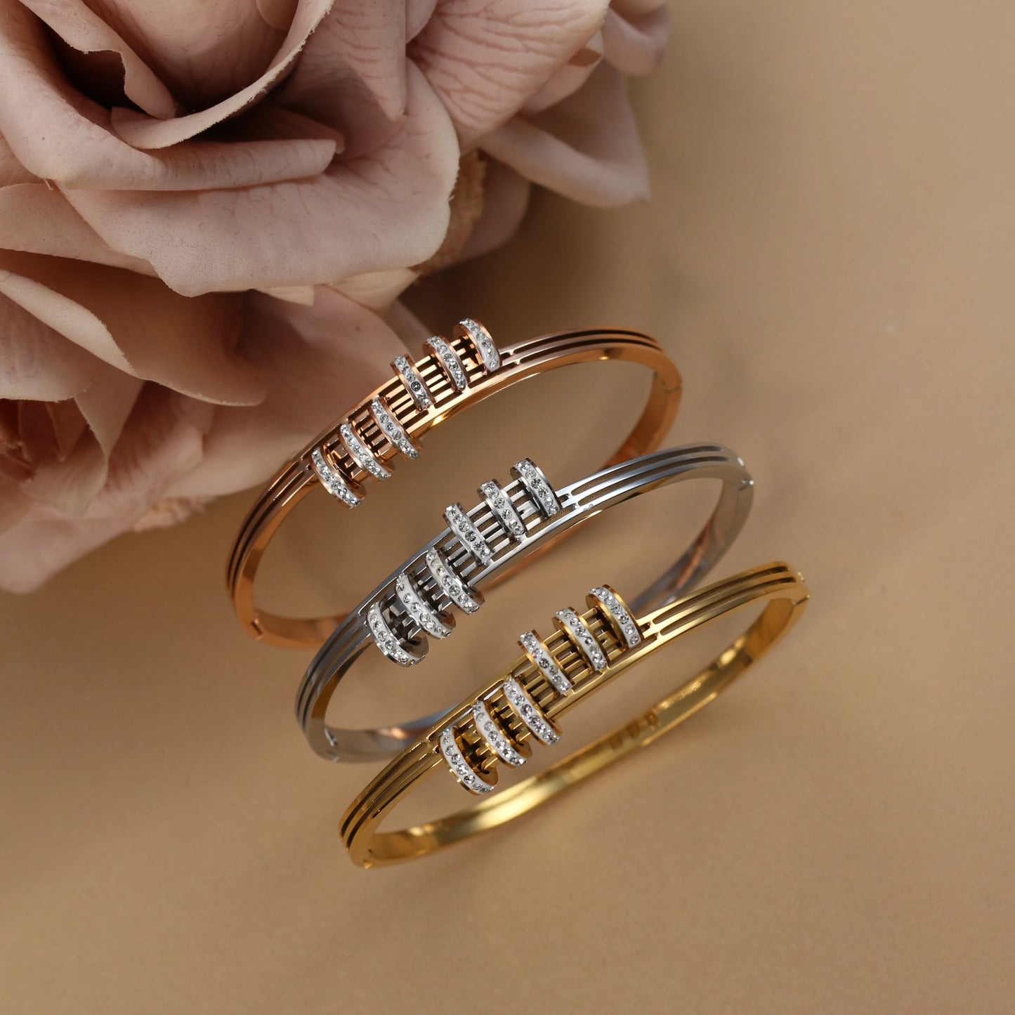 XB-133 New Stainless Steel Jewelry Crystal Bracelets Half Face Hollow Design Bangle For Women's Love Gifts Wholesale
