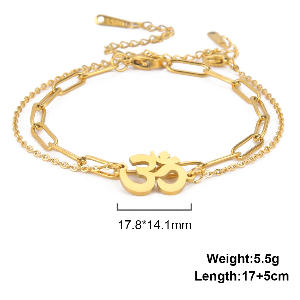 Unift Hindu Yoga Om Aum Bracelet for Women Double Chain Bracelets Bangles Buddhism Amulet Talisman Stainless Steel Jewelry Trend