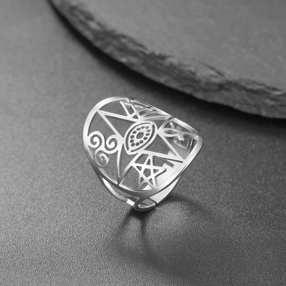 Dawapara Coexist Spiritual Symbols Adjustable Ring Good Luck Amulet Peace Unity Religious Dharma Wheel of Life Stainless Steel