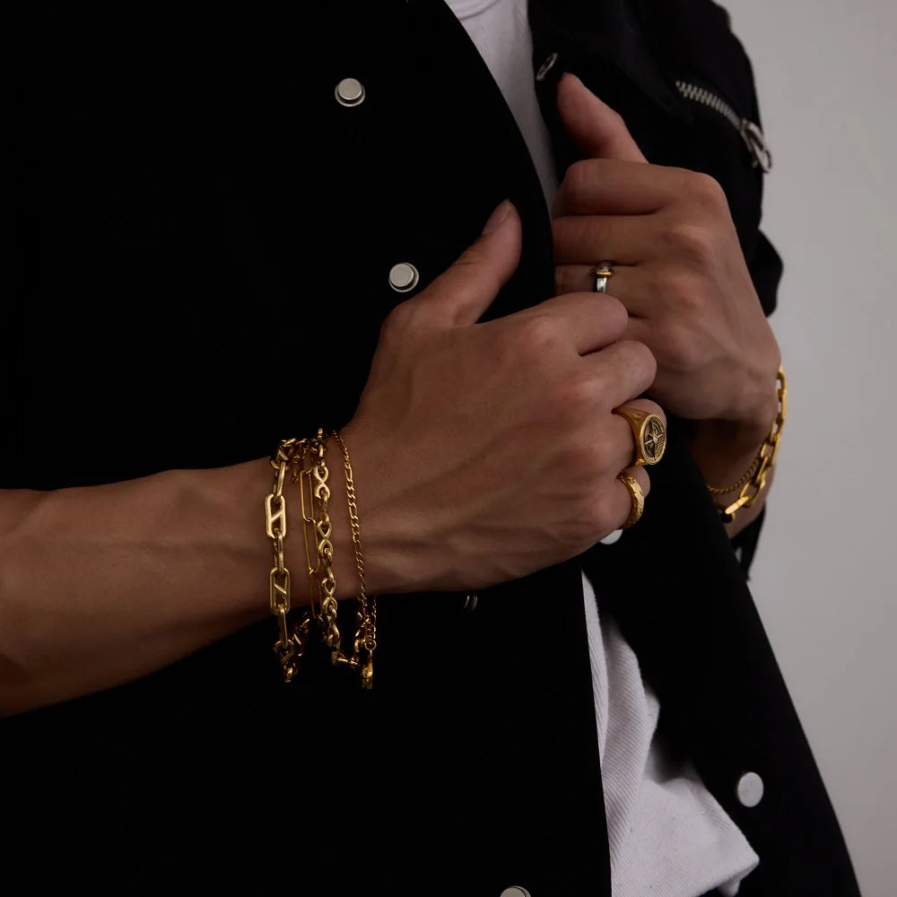 Uworld 18K Gold Color Plated Stainless Steel Reversing Needle Chain Men's Bracelet Stackable Chain Bracelet Neutral Jewelry