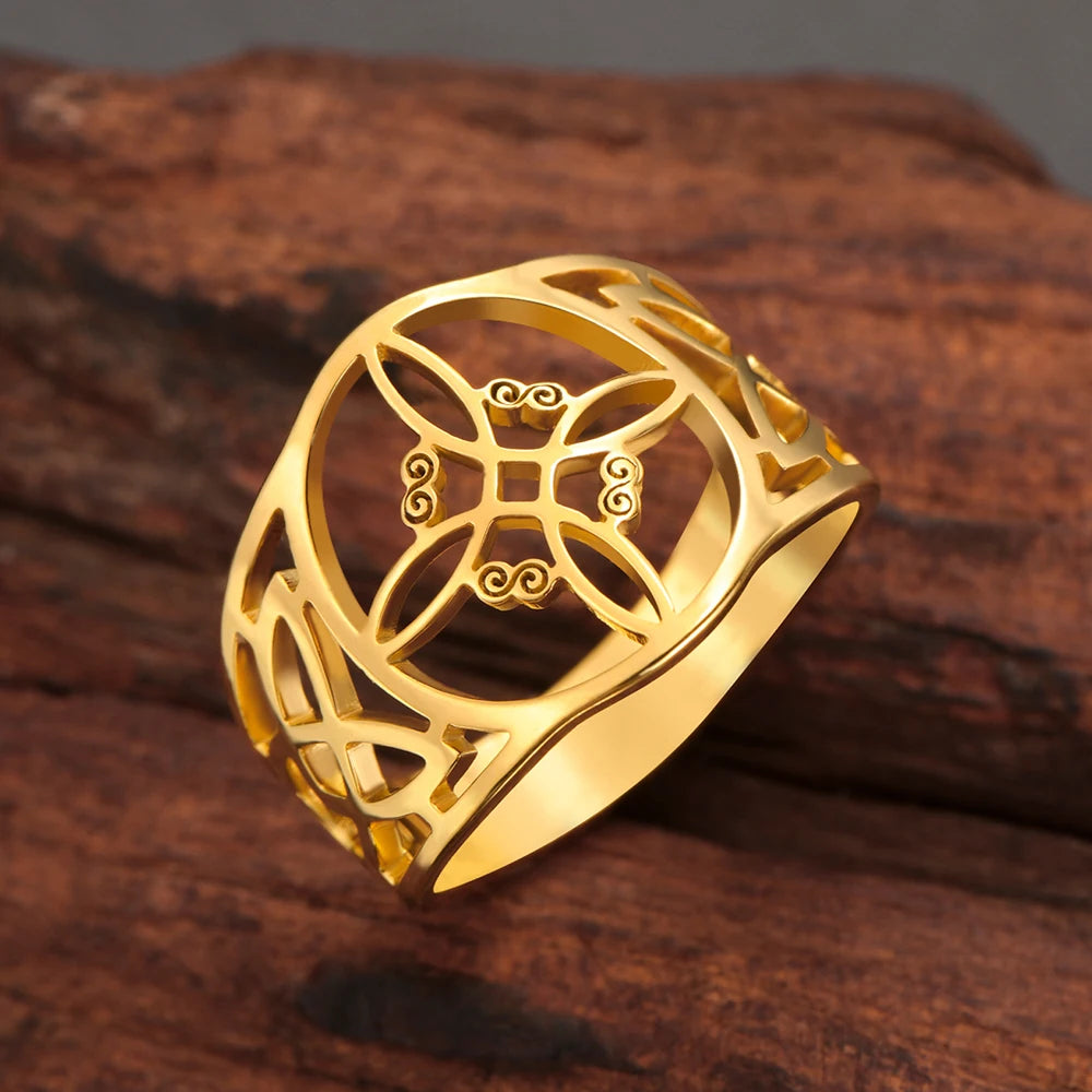 LIKGREAT Witch Knot Ring for Women Men Hollow Stainless Steel Finger Rings Celtic Vintage Amulet Protection Couple Jewelry Gifts