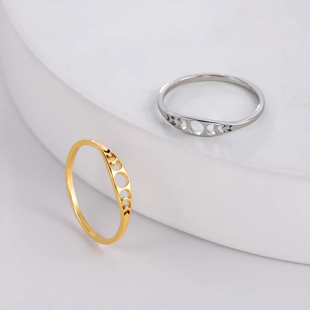 Dawapara Moon Phase Women Ring Lunar Goddess Crescent Moon Minimalist Jewelry Stainless Steel Wedding Band