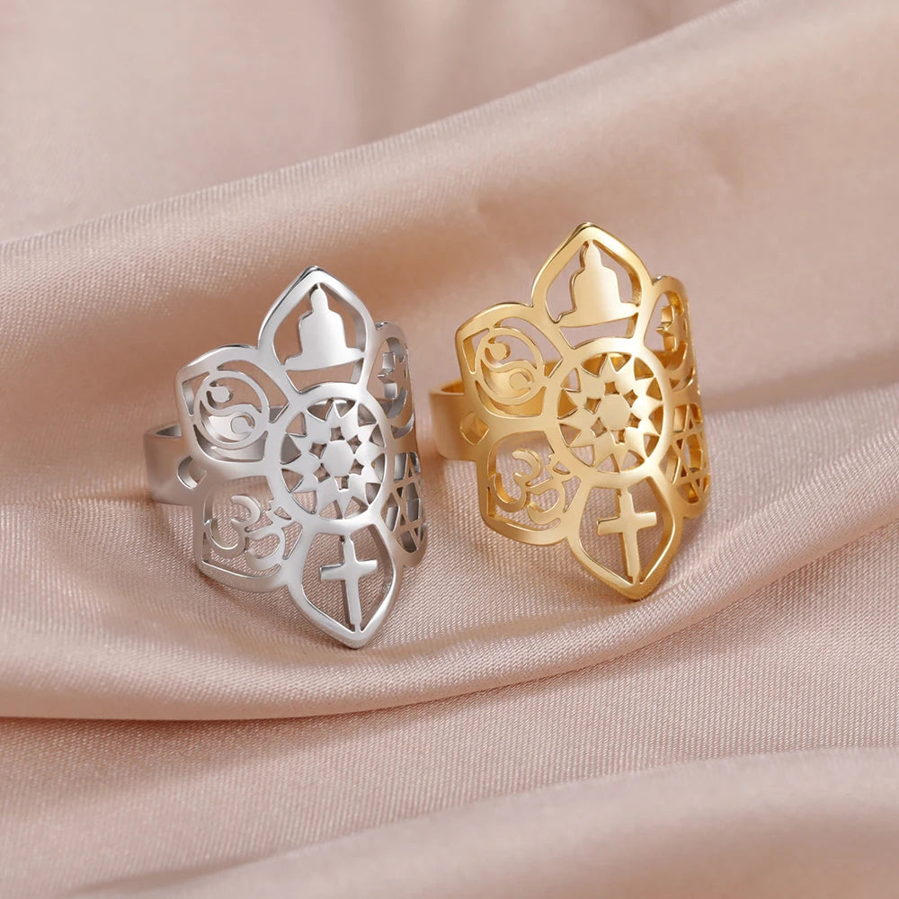 Dawapara Coexist Spiritual Symbols Adjustable Ring Good Luck Amulet Peace Unity Religious Dharma Wheel of Life Stainless Steel