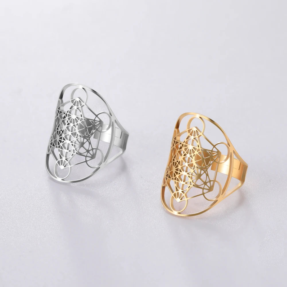 EUEAVAN Flower of Life Ring Stainless Steel Sacred Geometry Archangel Metatron Ring Adjustable Amulet Jewelry Gift Wholesale