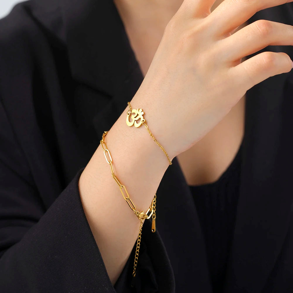 Unift Hindu Yoga Om Aum Bracelet for Women Double Chain Bracelets Bangles Buddhism Amulet Talisman Stainless Steel Jewelry Trend