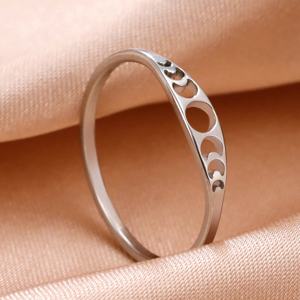 Dawapara Moon Phase Women Ring Lunar Goddess Crescent Moon Minimalist Jewelry Stainless Steel Wedding Band