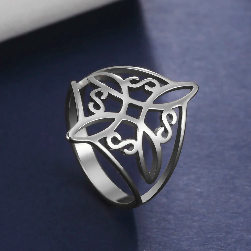 LIKGREAT Witch Knot Ring for Women Men Hollow Stainless Steel Finger Rings Celtic Vintage Amulet Protection Couple Jewelry Gifts
