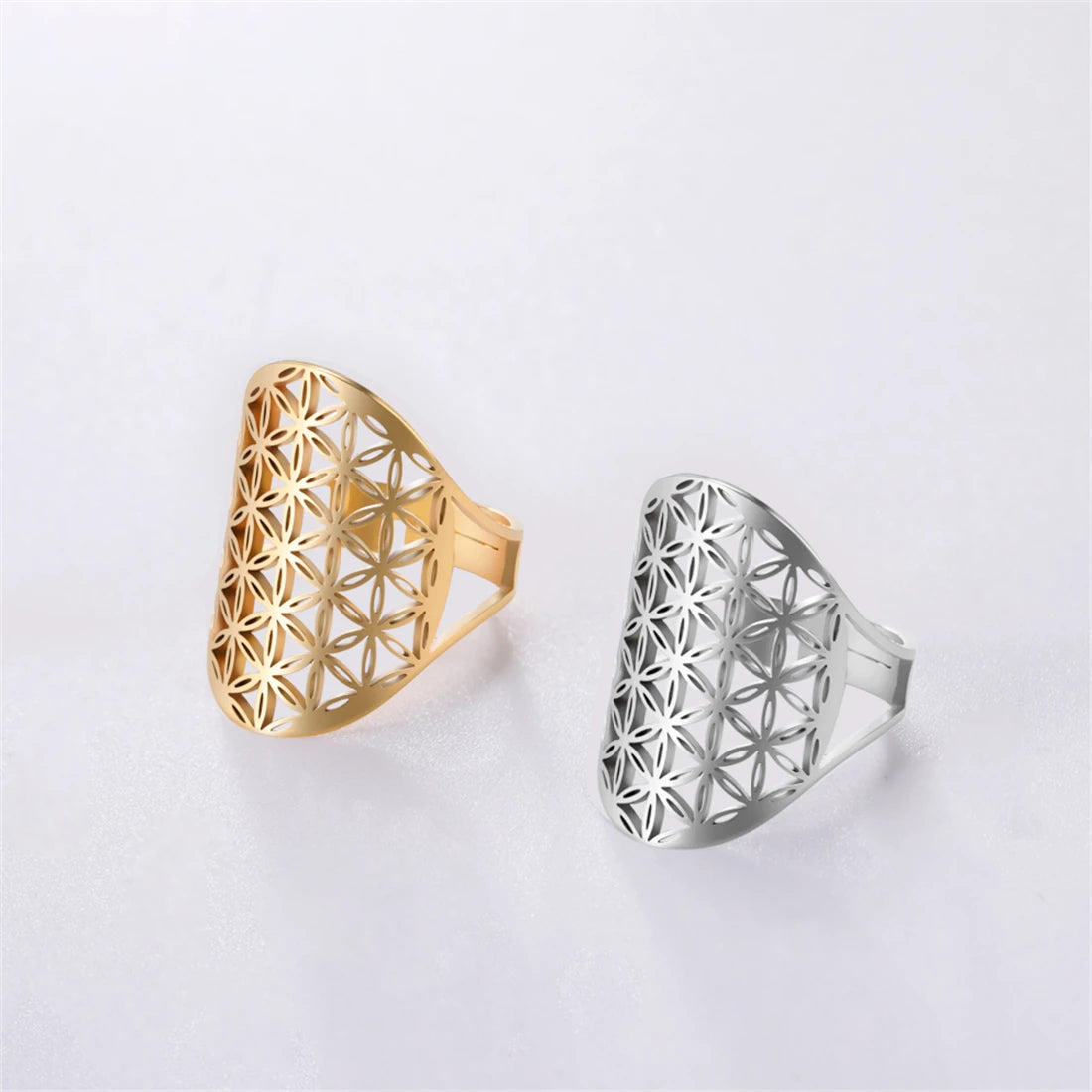 EUEAVAN Flower of Life Ring Stainless Steel Sacred Geometry Archangel Metatron Ring Adjustable Amulet Jewelry Gift Wholesale