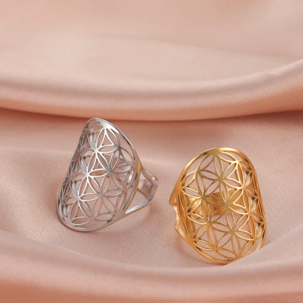 EUEAVAN Flower of Life Ring Stainless Steel Sacred Geometry Archangel Metatron Ring Adjustable Amulet Jewelry Gift Wholesale