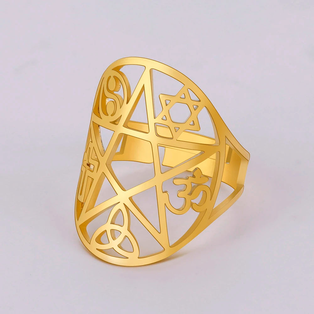 Dawapara Coexist Spiritual Symbols Adjustable Ring Good Luck Amulet Peace Unity Religious Dharma Wheel of Life Stainless Steel