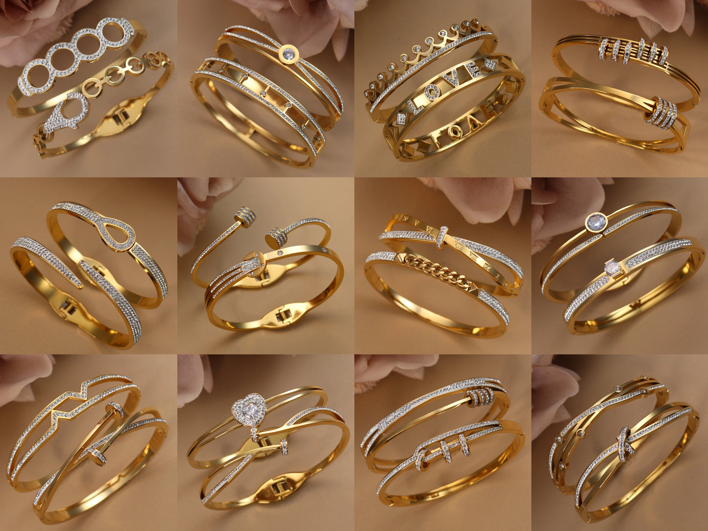 XB-133 New Stainless Steel Jewelry Crystal Bracelets Half Face Hollow Design Bangle For Women's Love Gifts Wholesale