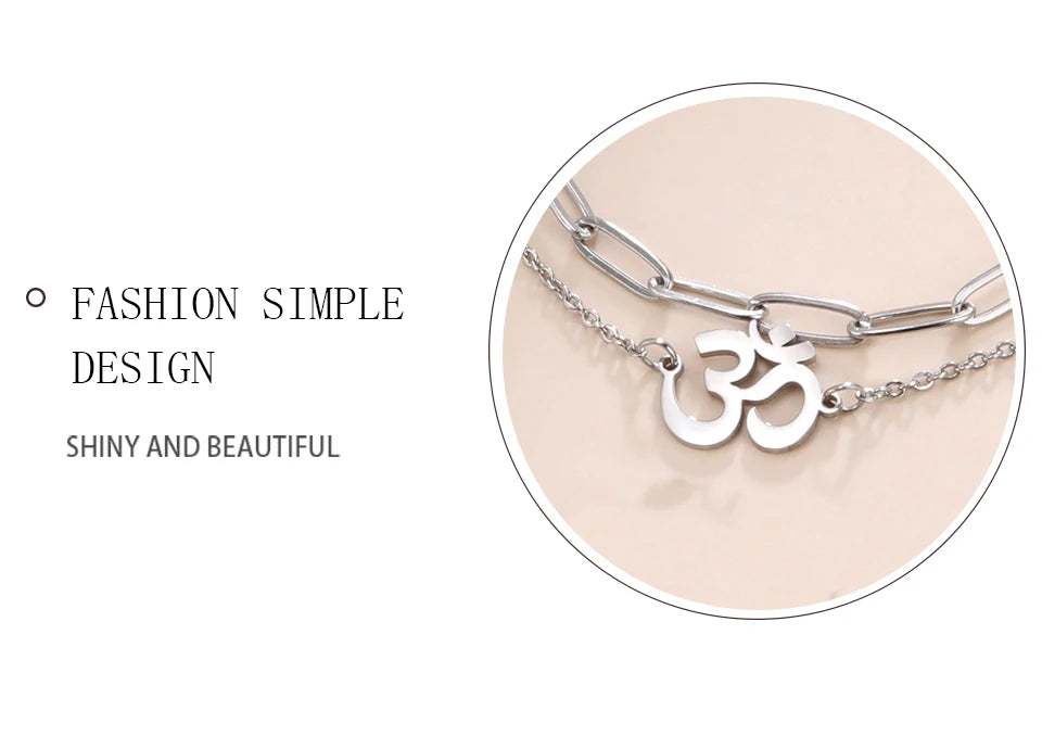 Unift Hindu Yoga Om Aum Bracelet for Women Double Chain Bracelets Bangles Buddhism Amulet Talisman Stainless Steel Jewelry Trend