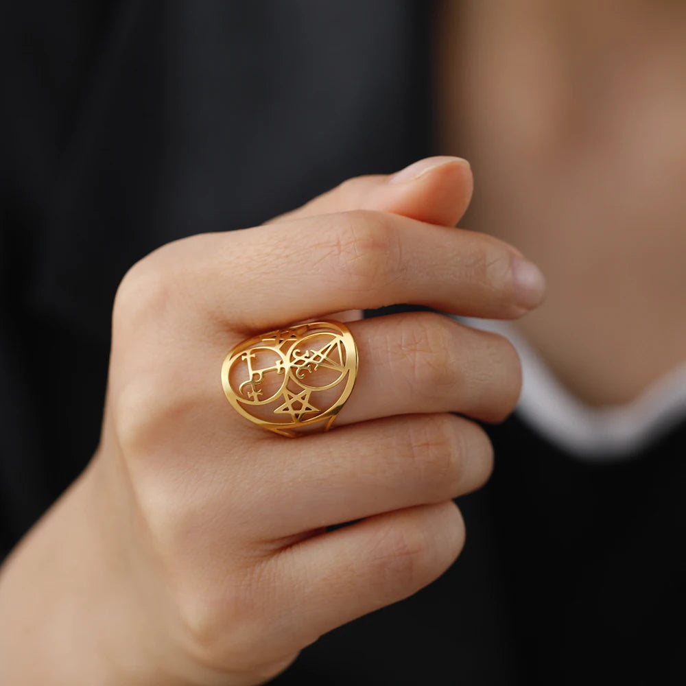 Dawapara Seal of Lilith Lucifer Sigil Adjustable Women Ring Stainless Steel Wedding Bands Moon Goddess Protection Amulet Jewelry