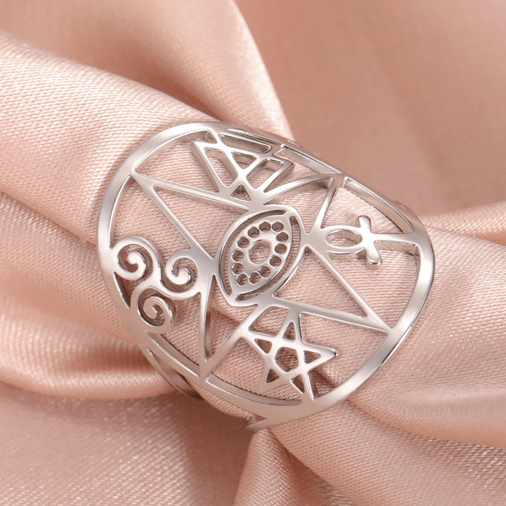 Dawapara Coexist Spiritual Symbols Adjustable Ring Good Luck Amulet Peace Unity Religious Dharma Wheel of Life Stainless Steel