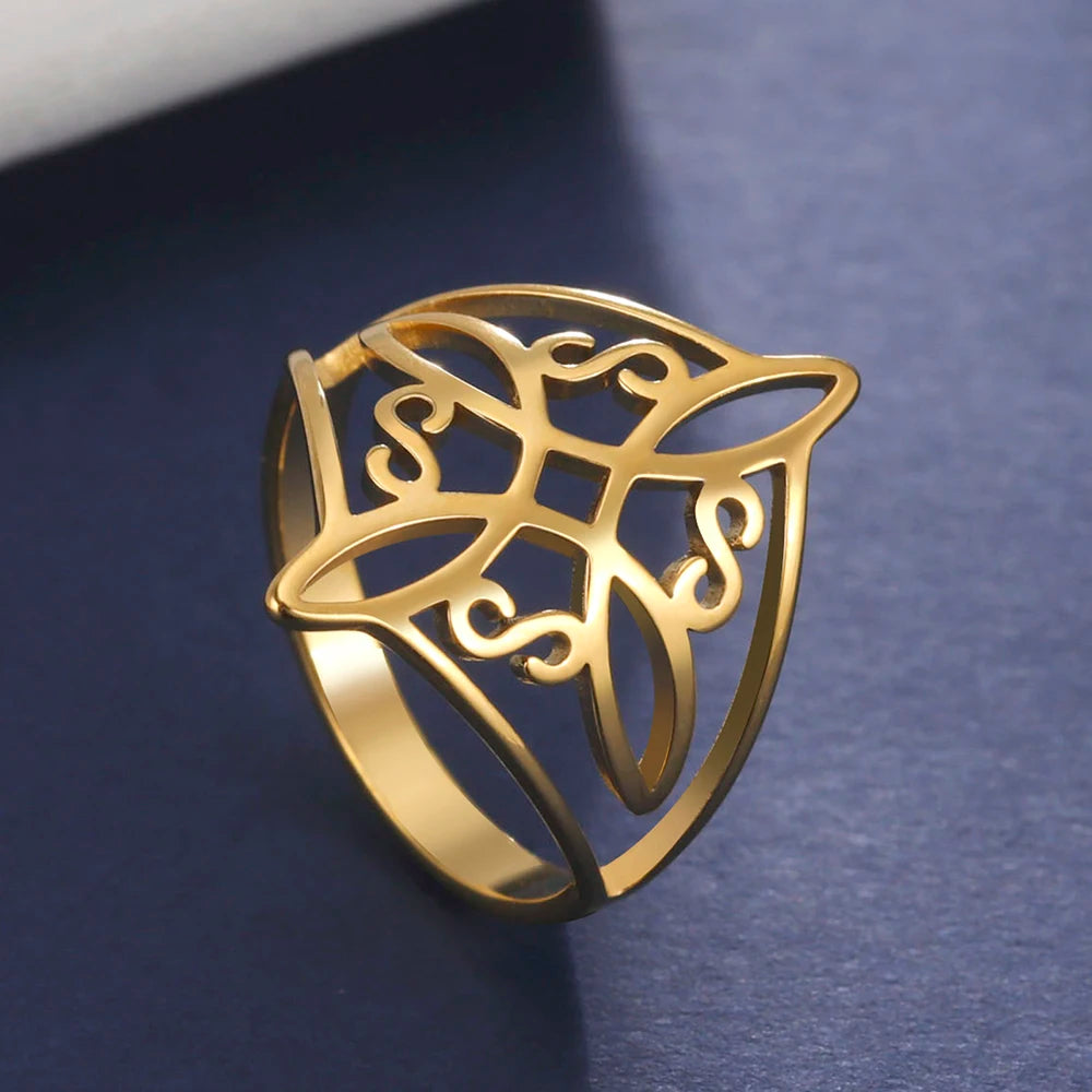 LIKGREAT Witch Knot Ring for Women Men Hollow Stainless Steel Finger Rings Celtic Vintage Amulet Protection Couple Jewelry Gifts