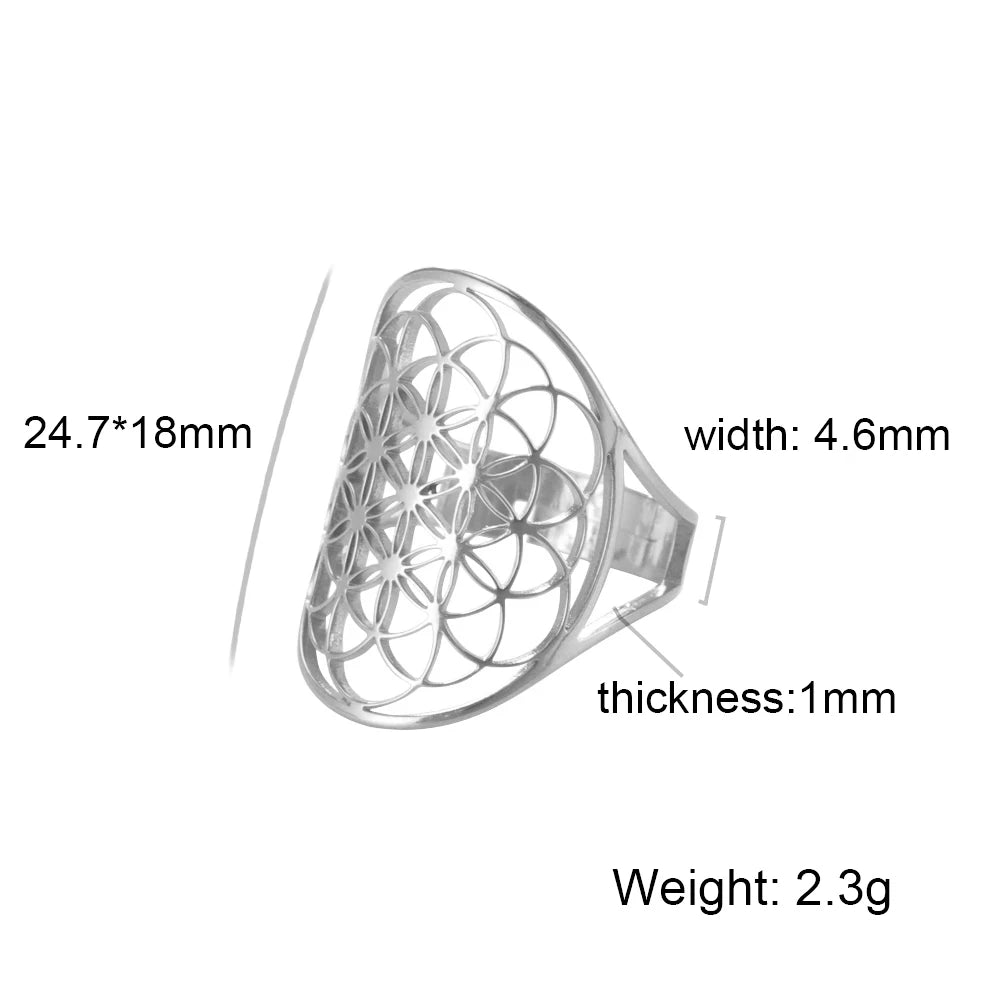 EUEAVAN Flower of Life Ring Stainless Steel Sacred Geometry Archangel Metatron Ring Adjustable Amulet Jewelry Gift Wholesale