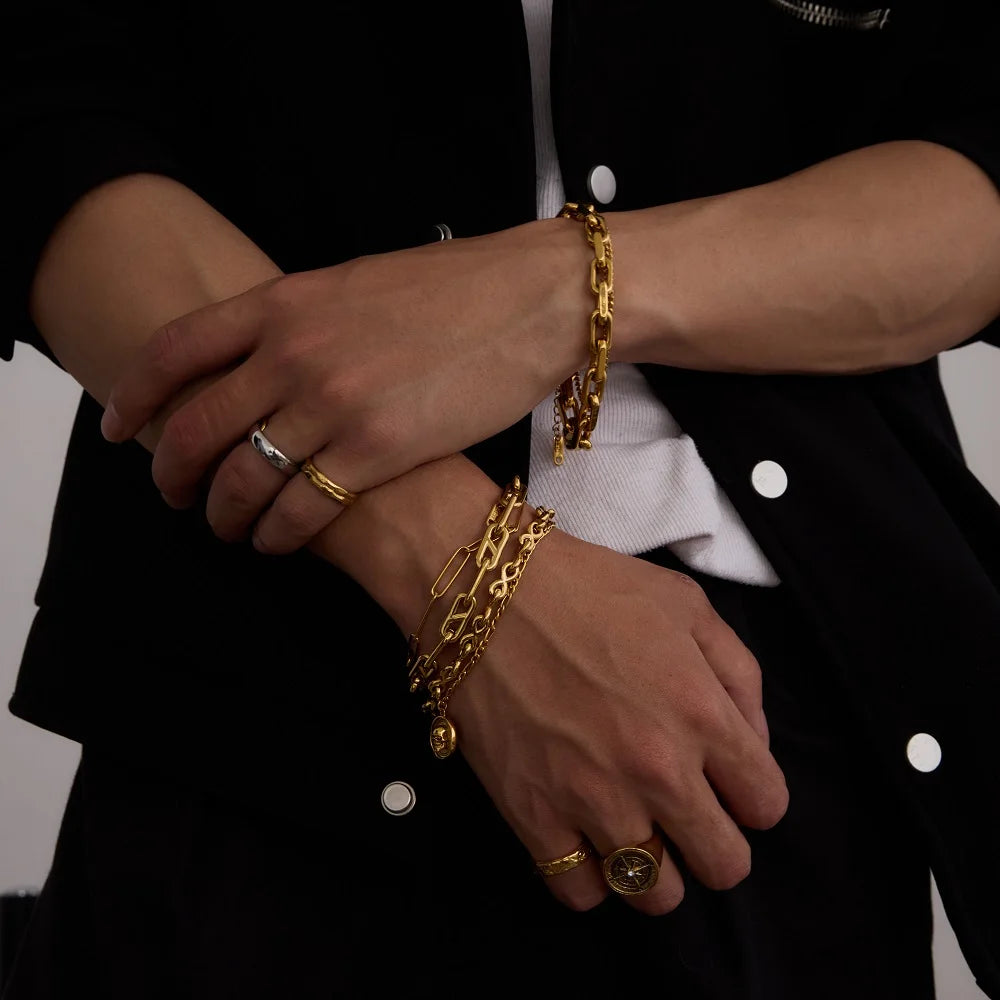Uworld 18K Gold Color Plated Stainless Steel Reversing Needle Chain Men's Bracelet Stackable Chain Bracelet Neutral Jewelry