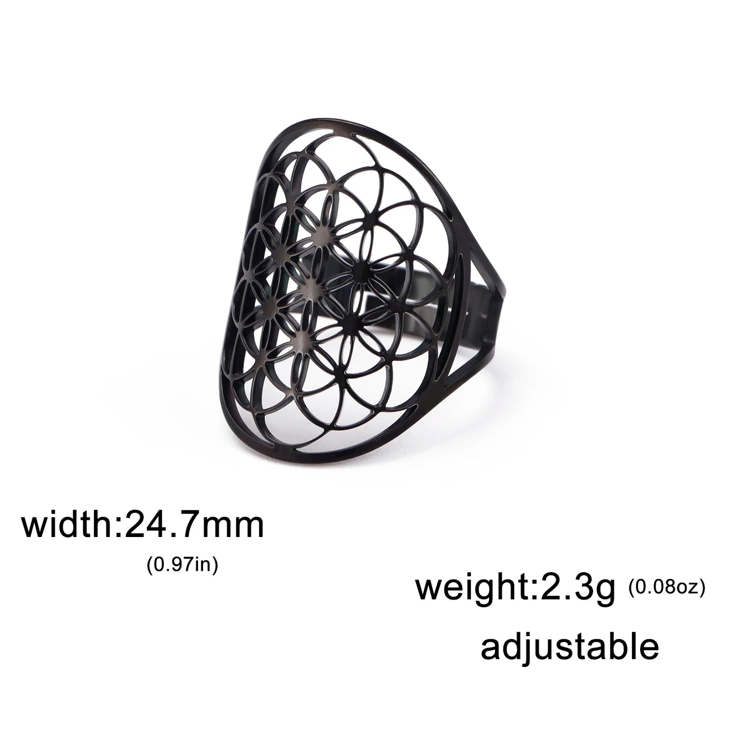 EUEAVAN Flower of Life Ring Stainless Steel Sacred Geometry Archangel Metatron Ring Adjustable Amulet Jewelry Gift Wholesale